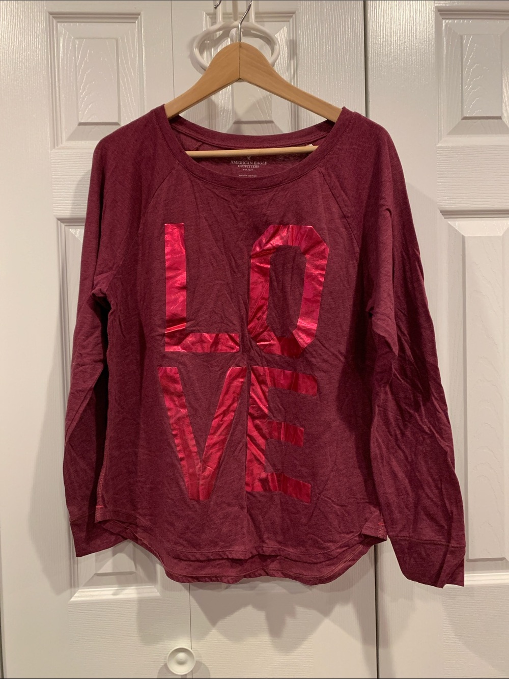 American Eagle Outfitters Maroon Long-Sleeve 'LOVE' Graphic Top